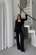 JAKARLI BLUZU TASARIM DETAYLI CEKET-PANTOLON-BLUZ 3 LÜ TAKIM - Siyah resmi